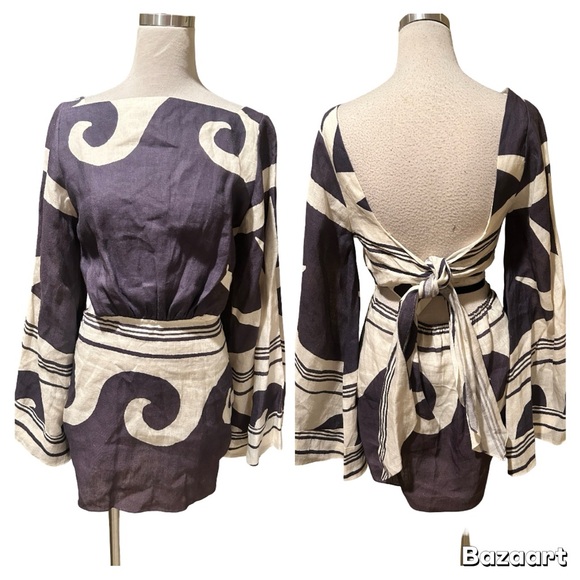 Johanna Ortiz Wave After Wave Tie Back Mini Dress Organic Linen Statement Sleeve - Picture 5 of 12